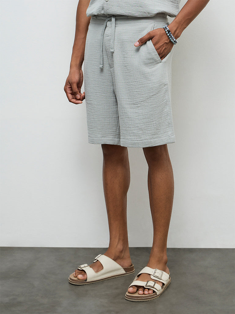 ETA Light Teal Crinkle-Textured Relaxed-Fit Mid-Rise Cotton Shorts