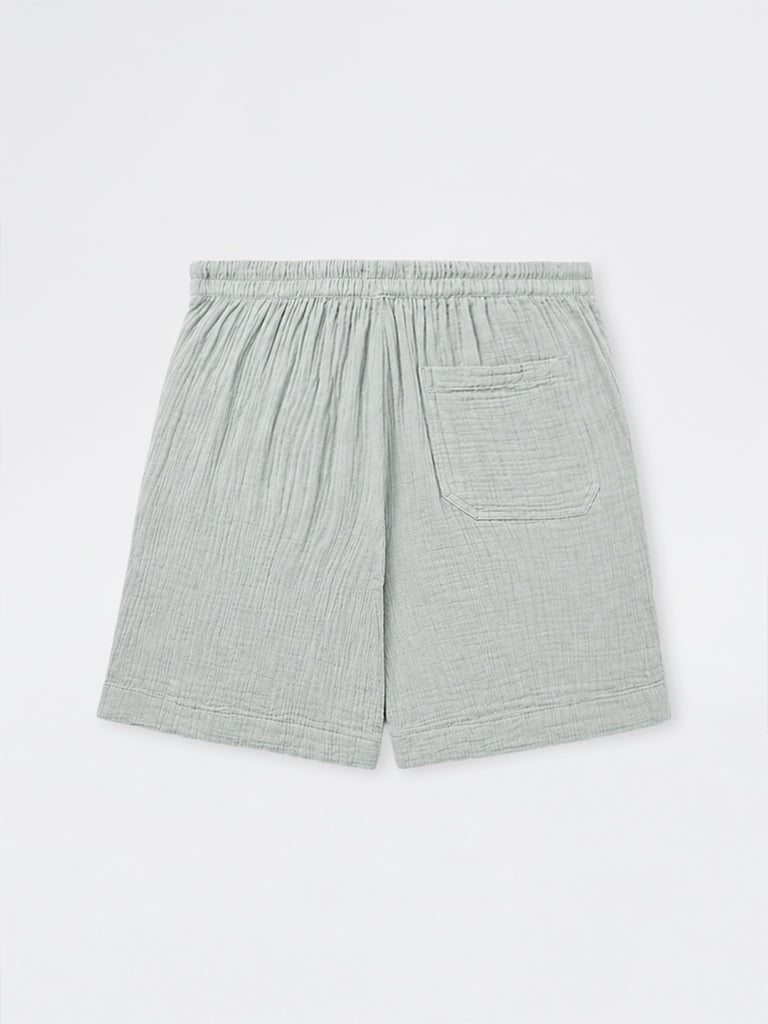 ETA Light Teal Crinkle-Textured Relaxed-Fit Mid-Rise Cotton Shorts
