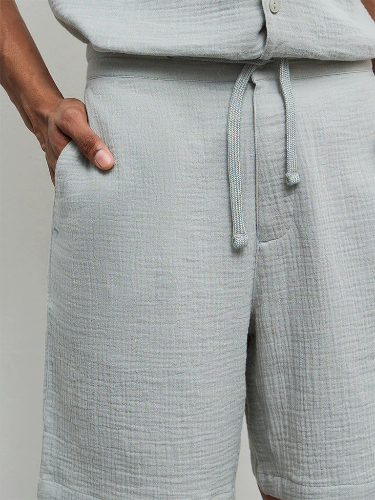 ETA Light Teal Crinkle-Textured Relaxed-Fit Mid-Rise Cotton Shorts