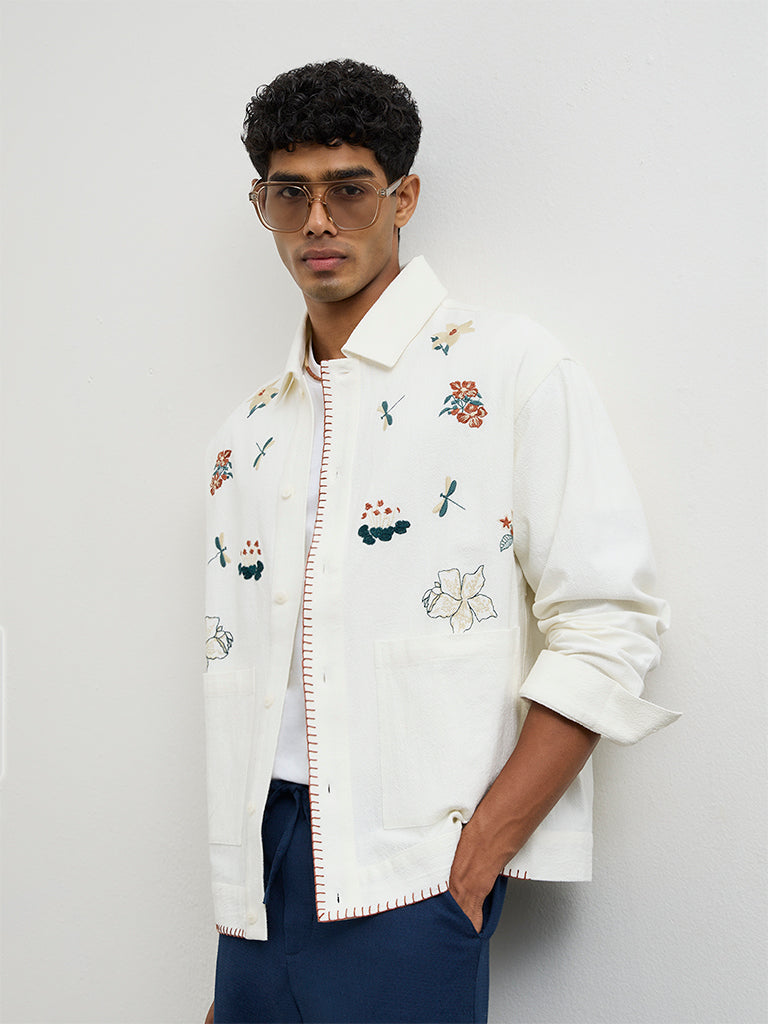 ETA Off-White Floral-Embroidered Relaxed-Fit Cotton Shirt