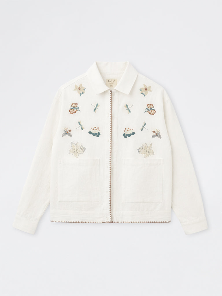 ETA Off-White Floral-Embroidered Relaxed-Fit Cotton Shirt