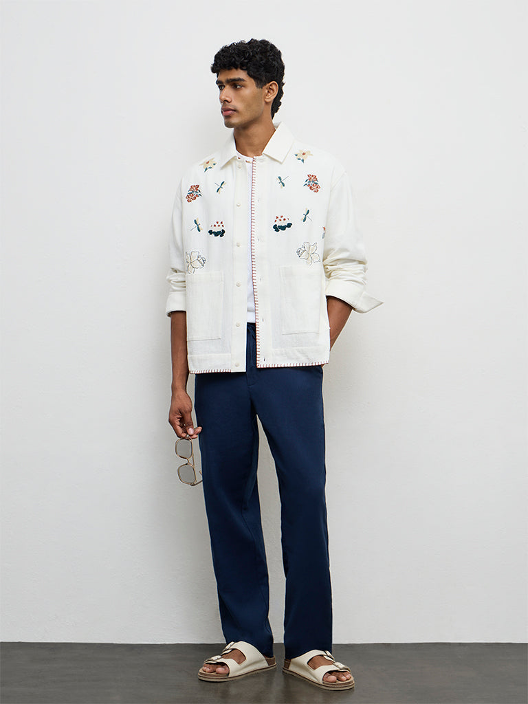 ETA Off-White Floral-Embroidered Relaxed-Fit Cotton Shirt