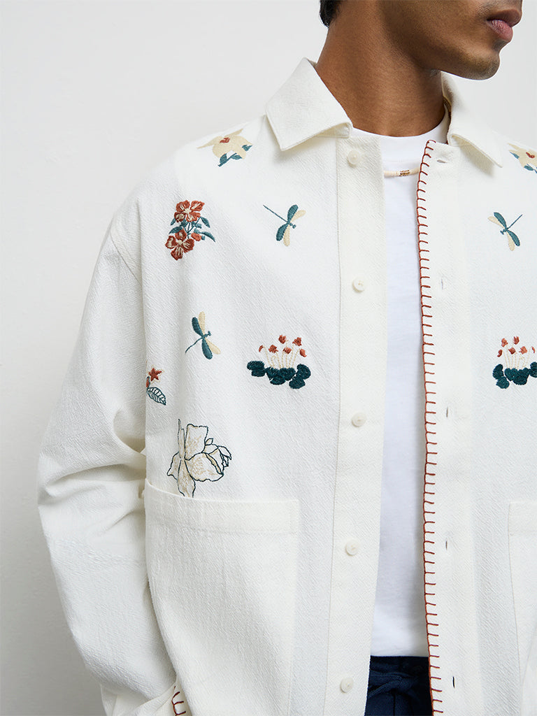 ETA Off-White Floral-Embroidered Relaxed-Fit Cotton Shirt