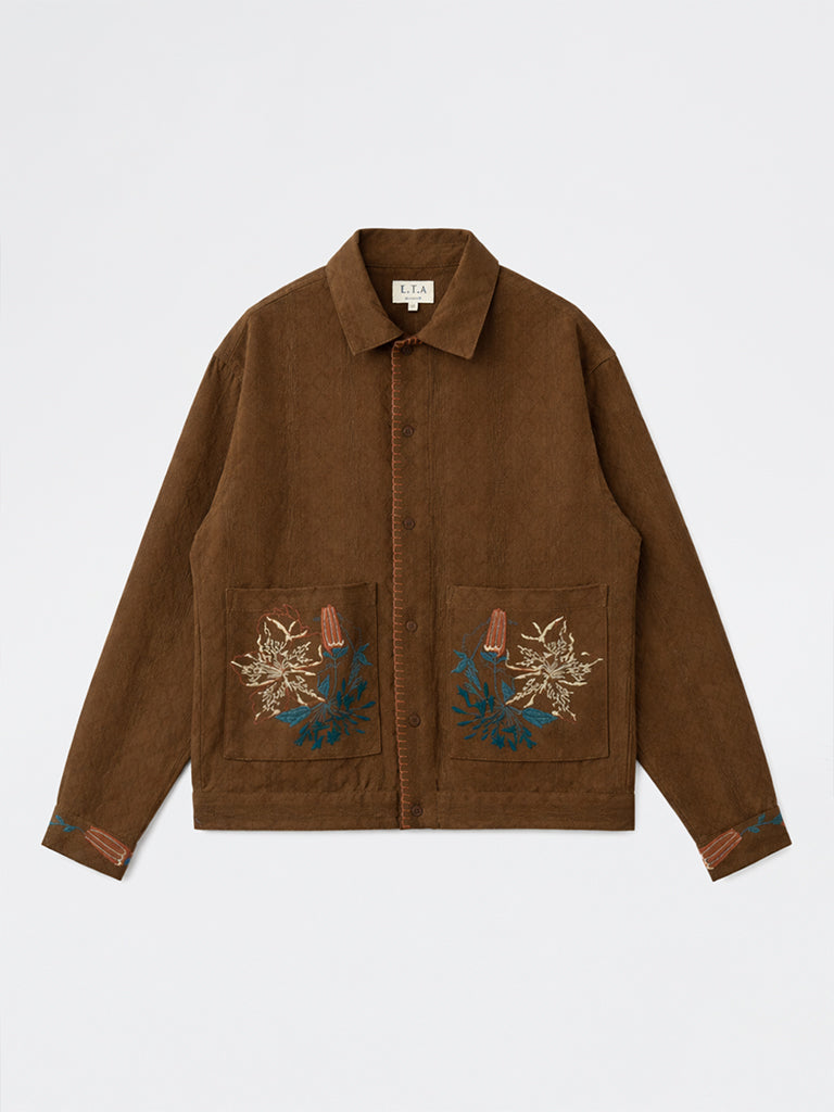 ETA Brown Floral-Embroidered Relaxed-Fit Cotton Shirt