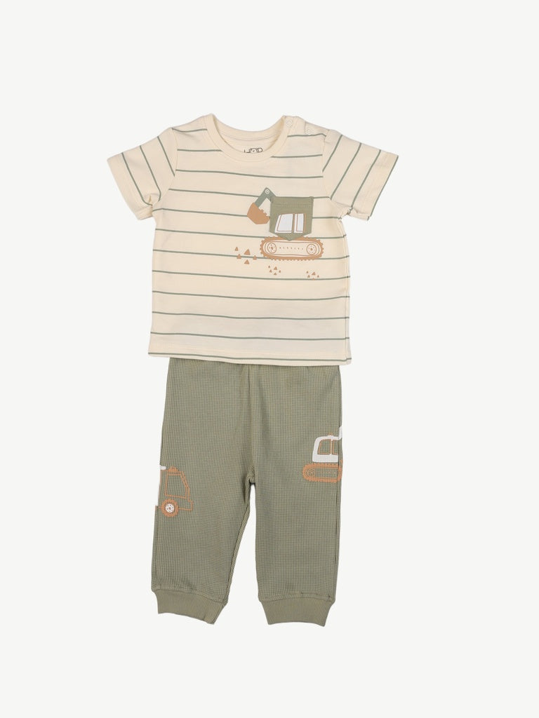 HOP Baby Boys Off-White Striped Cotton T-Shirt and Pants Set