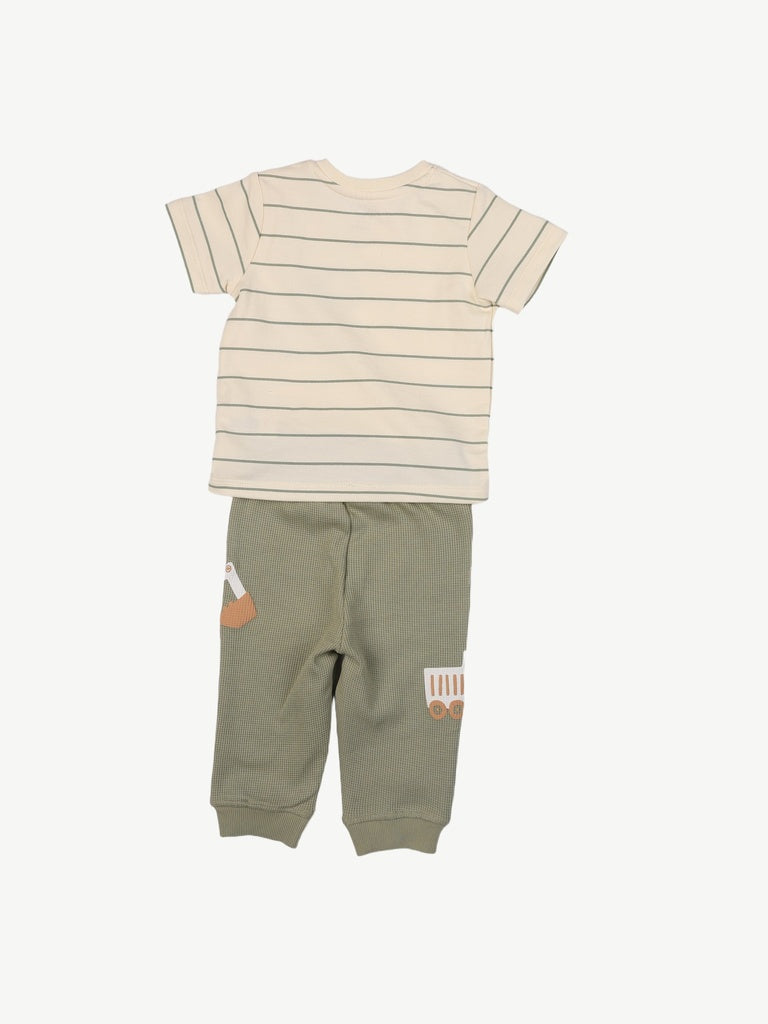 HOP Baby Boys Off-White Striped Cotton T-Shirt and Pants Set