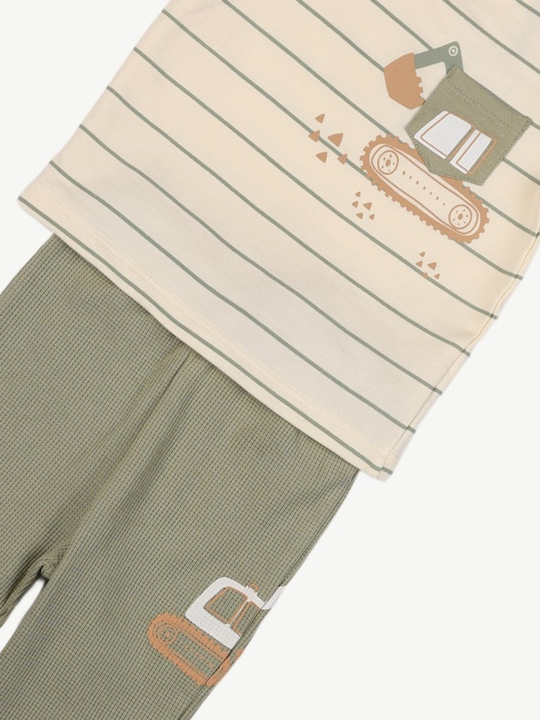 HOP Baby Boys Off-White Striped Cotton T-Shirt and Pants Set