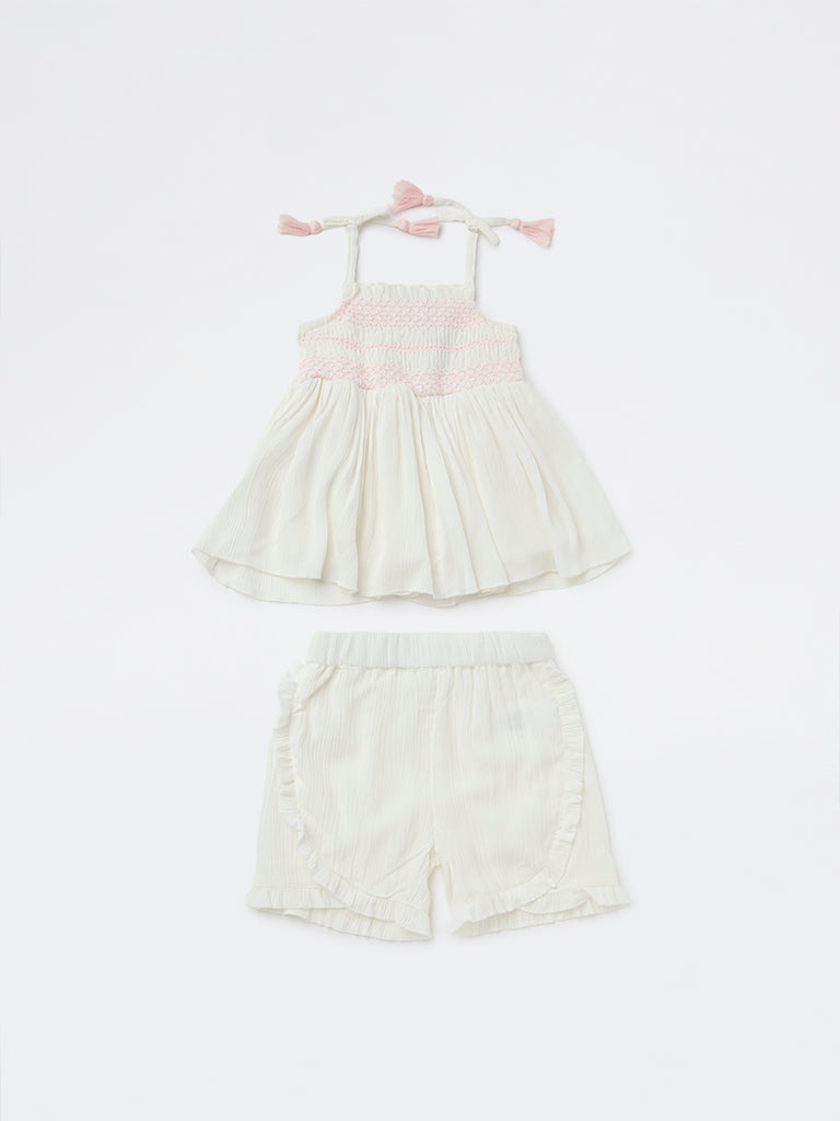 HOP Baby Girls White Embroidered Top and Shorts Set