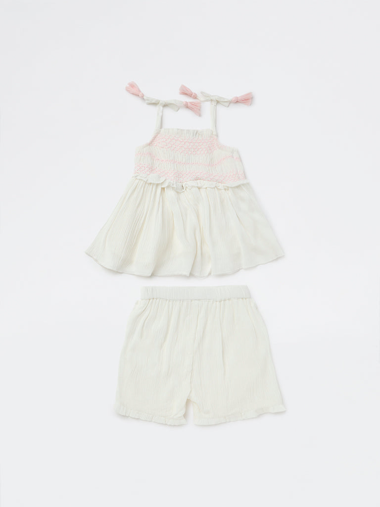HOP Baby Girls White Embroidered Top and Shorts Set