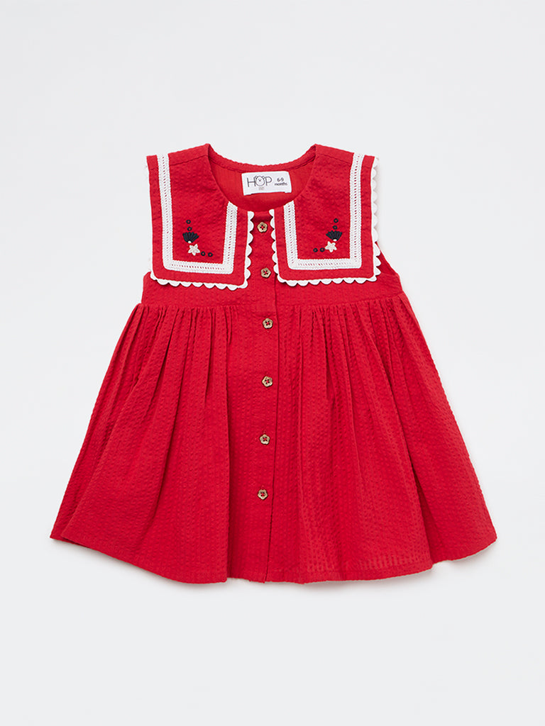 HOP Baby Girls Red Seersucker Textured A-Line Cotton Dress