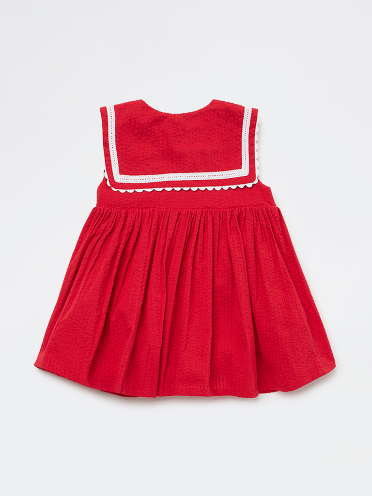 HOP Baby Girls Red Seersucker Textured A-Line Cotton Dress