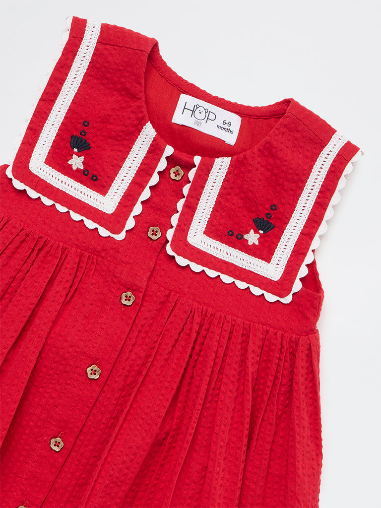 HOP Baby Girls Red Seersucker Textured A-Line Cotton Dress