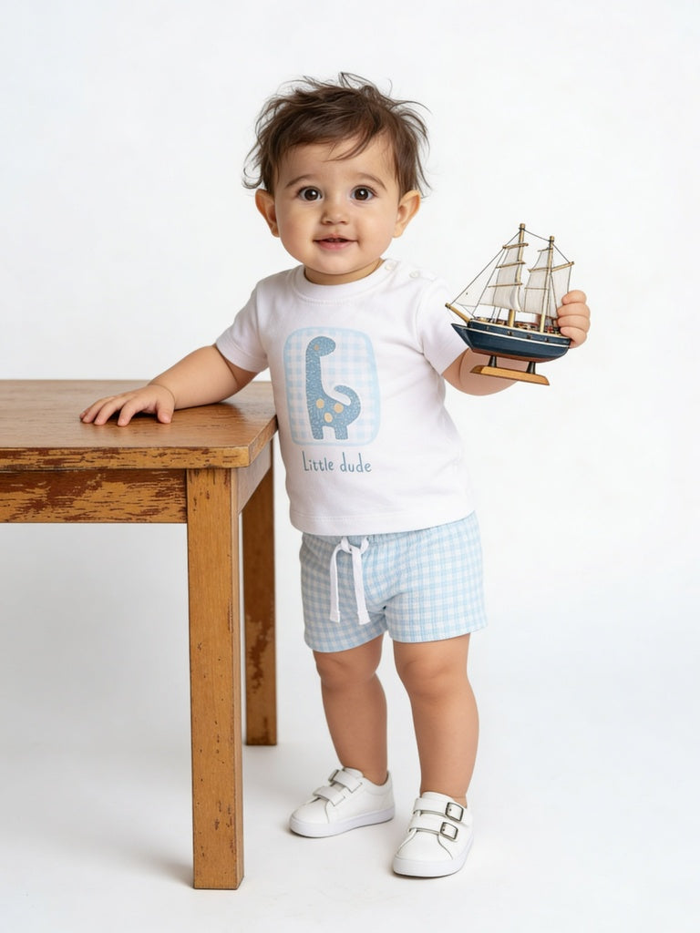 HOP Baby Boys White Printed Cotton T-Shirt and Shorts Set