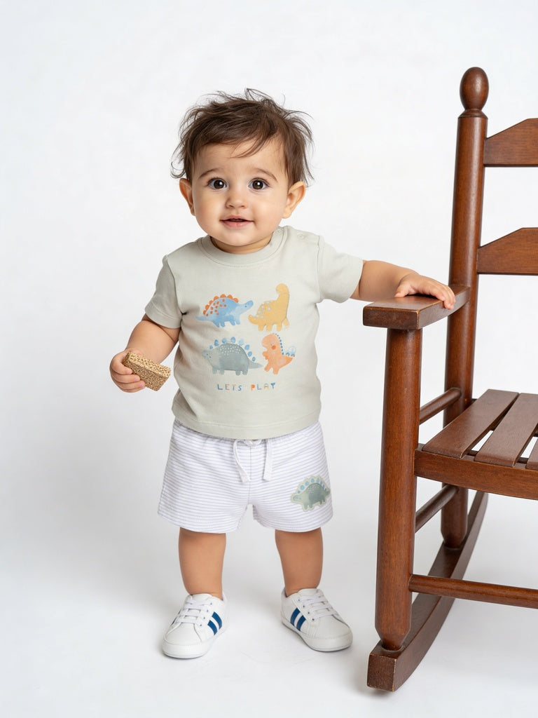 HOP Baby Boys Sage Dinosaur Printed Cotton T-Shirt and Shorts Set
