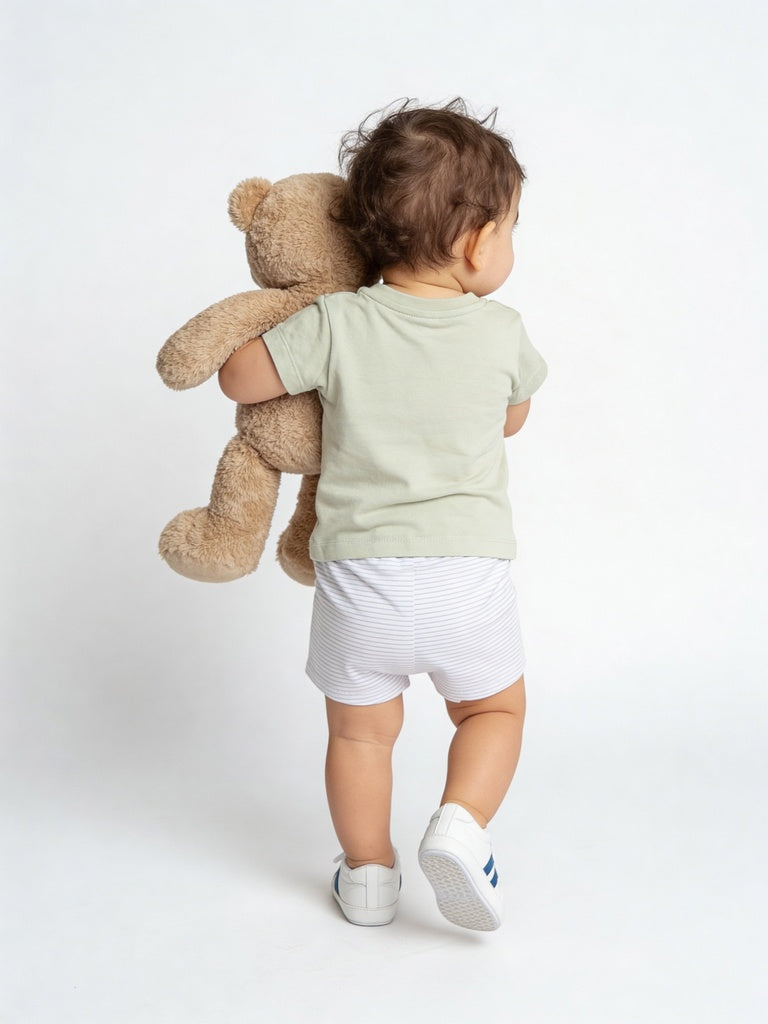 HOP Baby Boys Sage Dinosaur Printed Cotton T-Shirt and Shorts Set