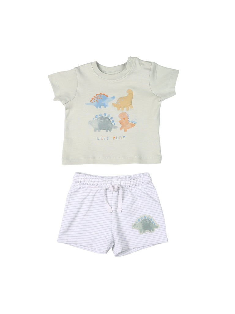 HOP Baby Boys Sage Dinosaur Printed Cotton T-Shirt and Shorts Set