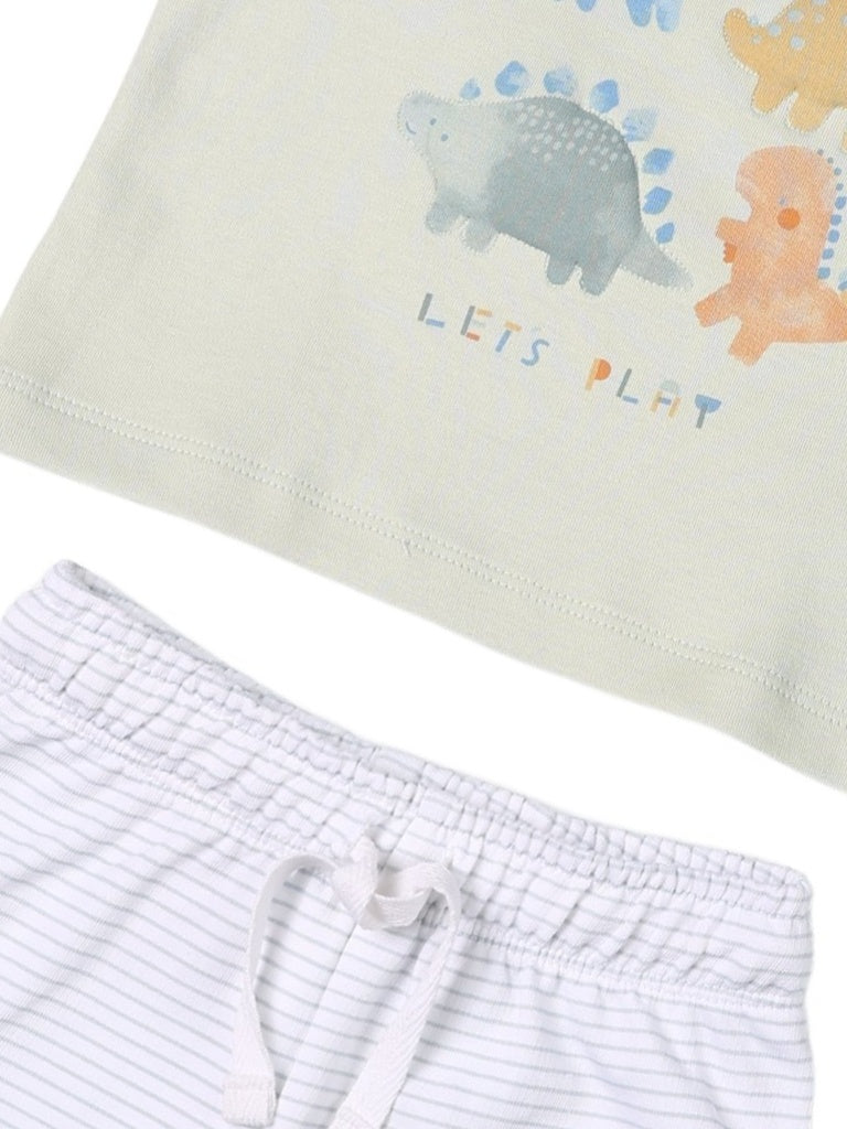 HOP Baby Boys Sage Dinosaur Printed Cotton T-Shirt and Shorts Set