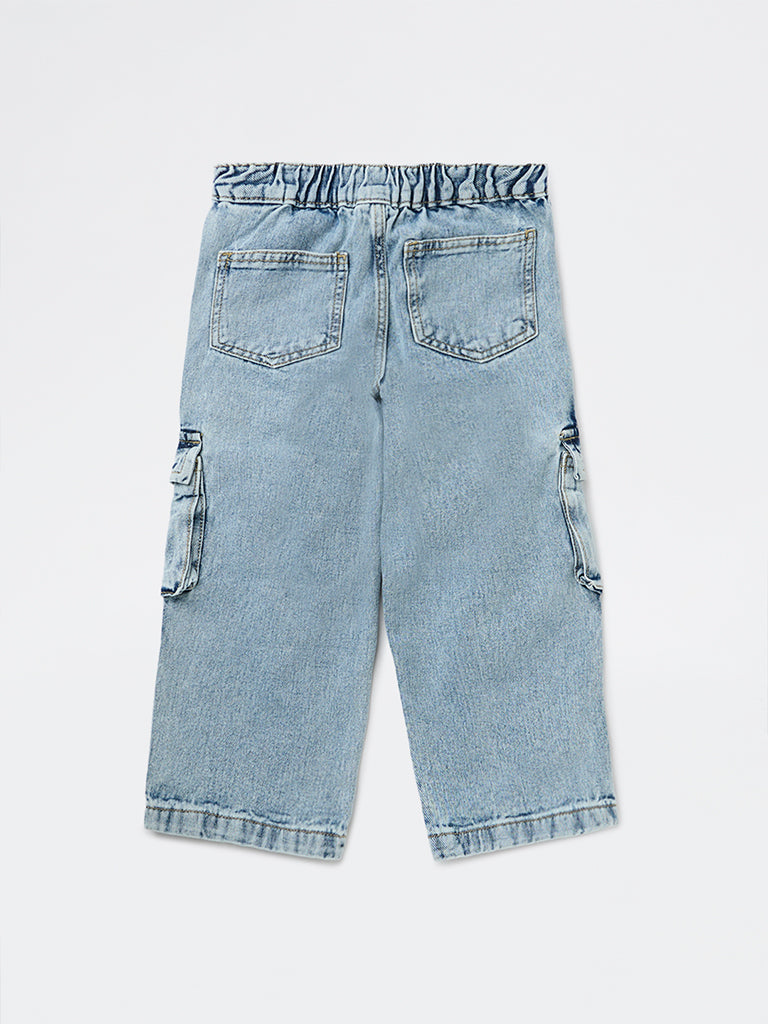 HOP Kids Boys Light Blue Washed Mid-Rise Cargo Jeans