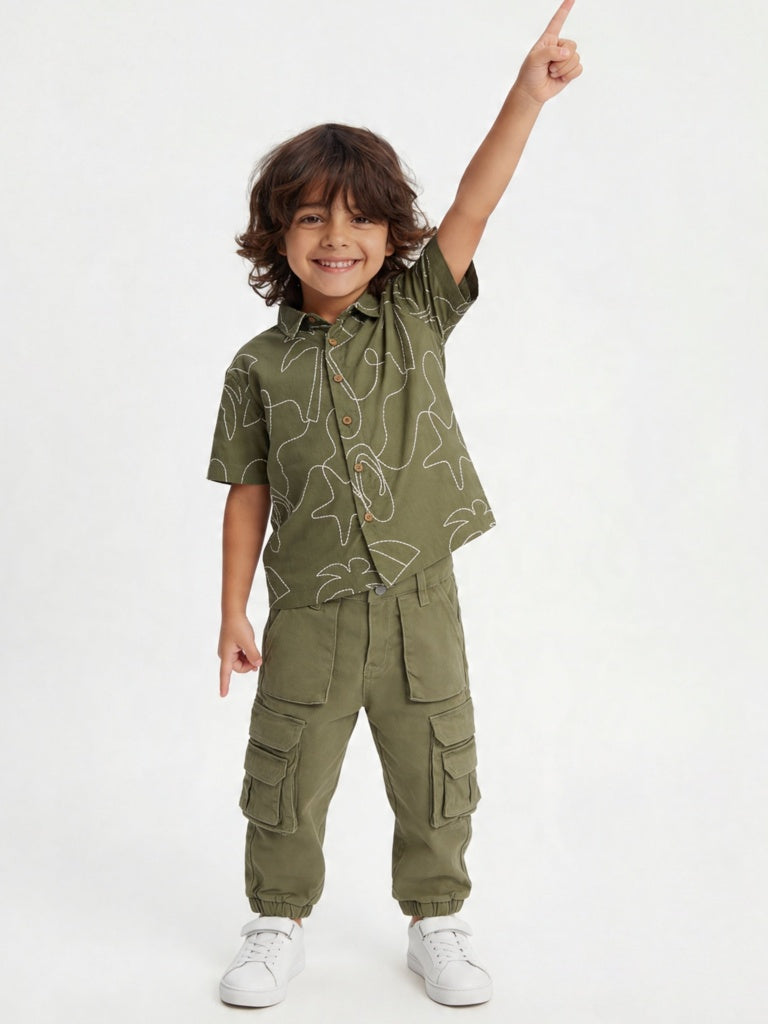 HOP Kids Boys Olive Embroidered Cotton Shirt