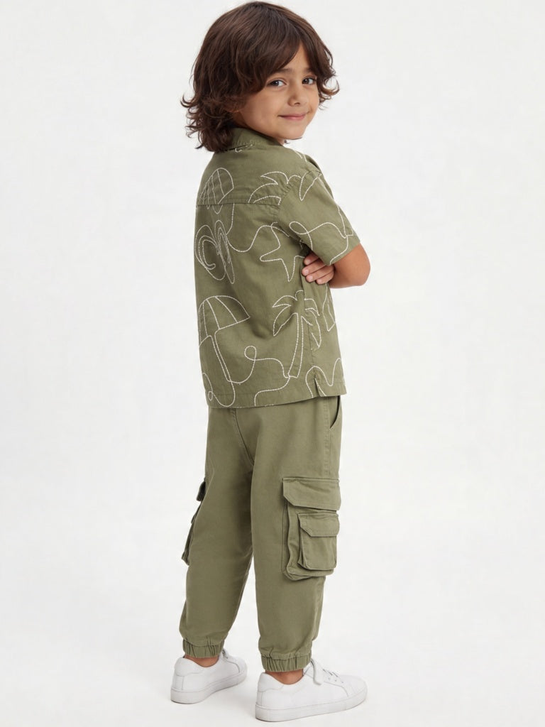 HOP Kids Boys Olive Embroidered Cotton Shirt