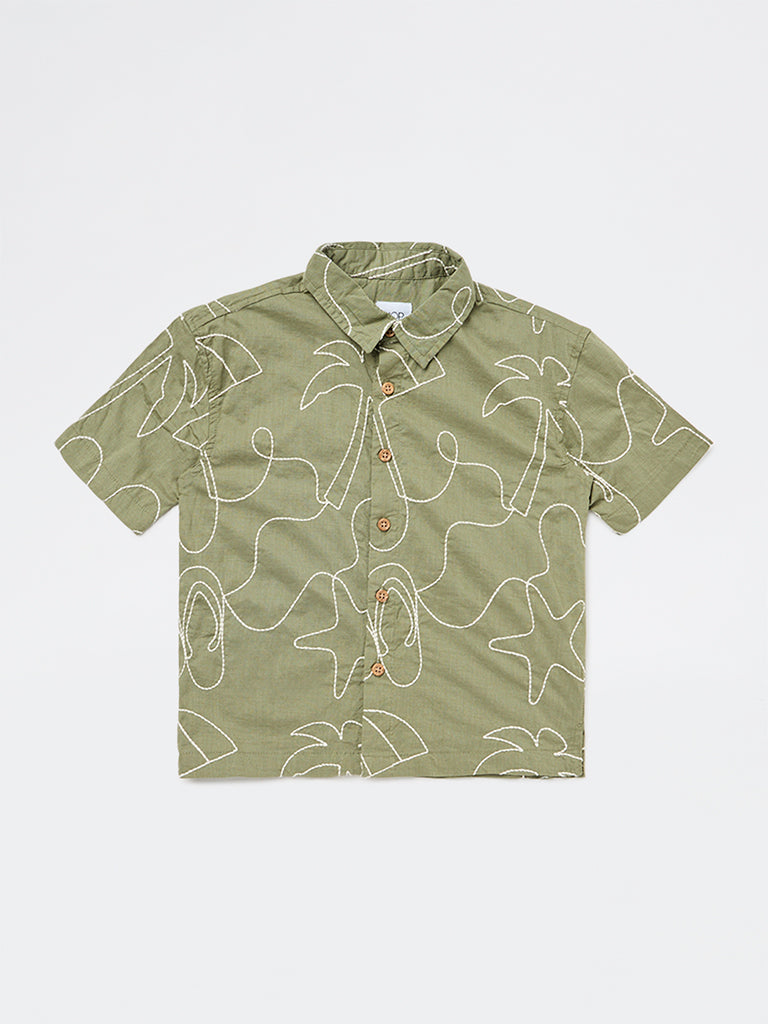 HOP Kids Boys Olive Embroidered Cotton Shirt