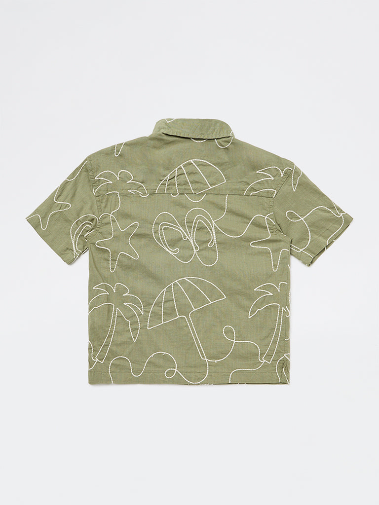 HOP Kids Boys Olive Embroidered Cotton Shirt