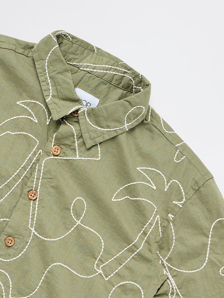 HOP Kids Boys Olive Embroidered Cotton Shirt