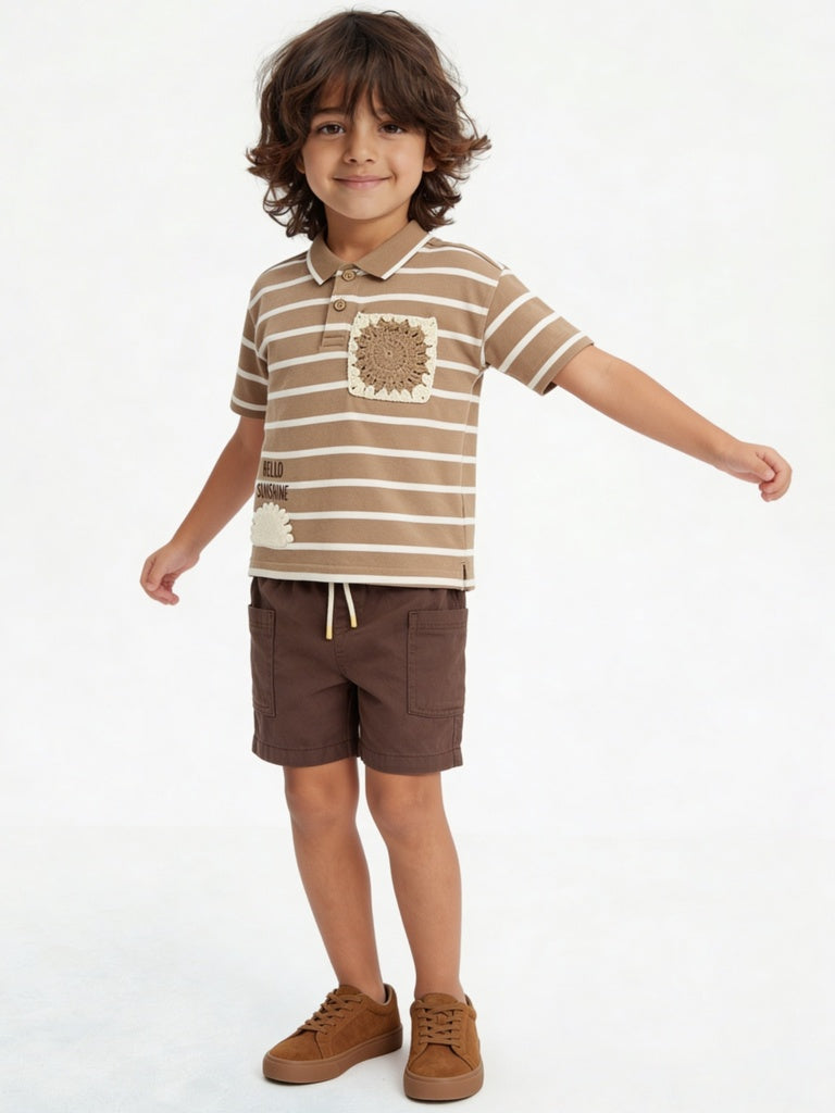 HOP Kids Boys Brown Striped Cotton Polo T-Shirt