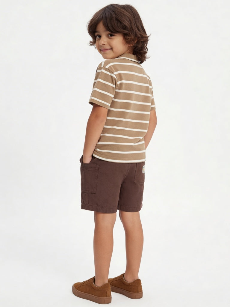 HOP Kids Boys Brown Striped Cotton Polo T-Shirt