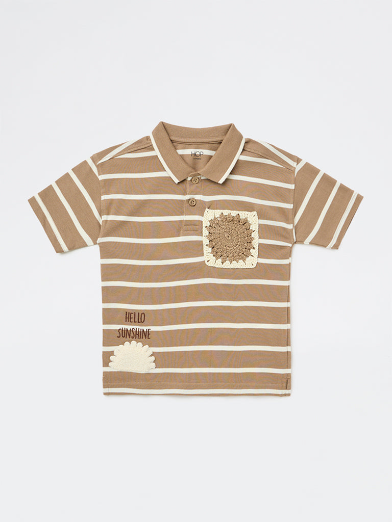 HOP Kids Boys Brown Striped Cotton Polo T-Shirt