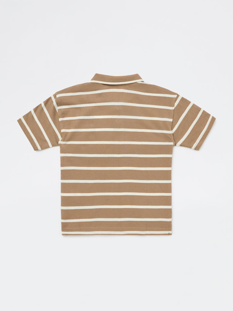 HOP Kids Boys Brown Striped Cotton Polo T-Shirt