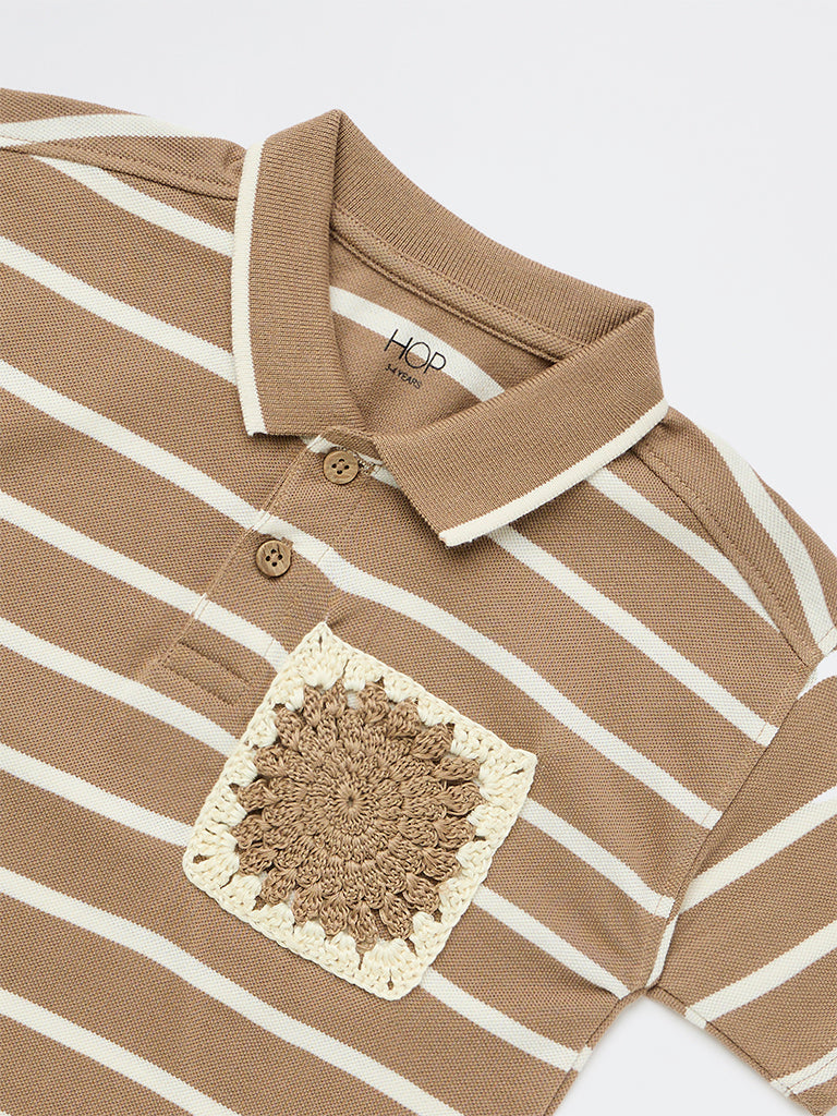HOP Kids Boys Brown Striped Cotton Polo T-Shirt