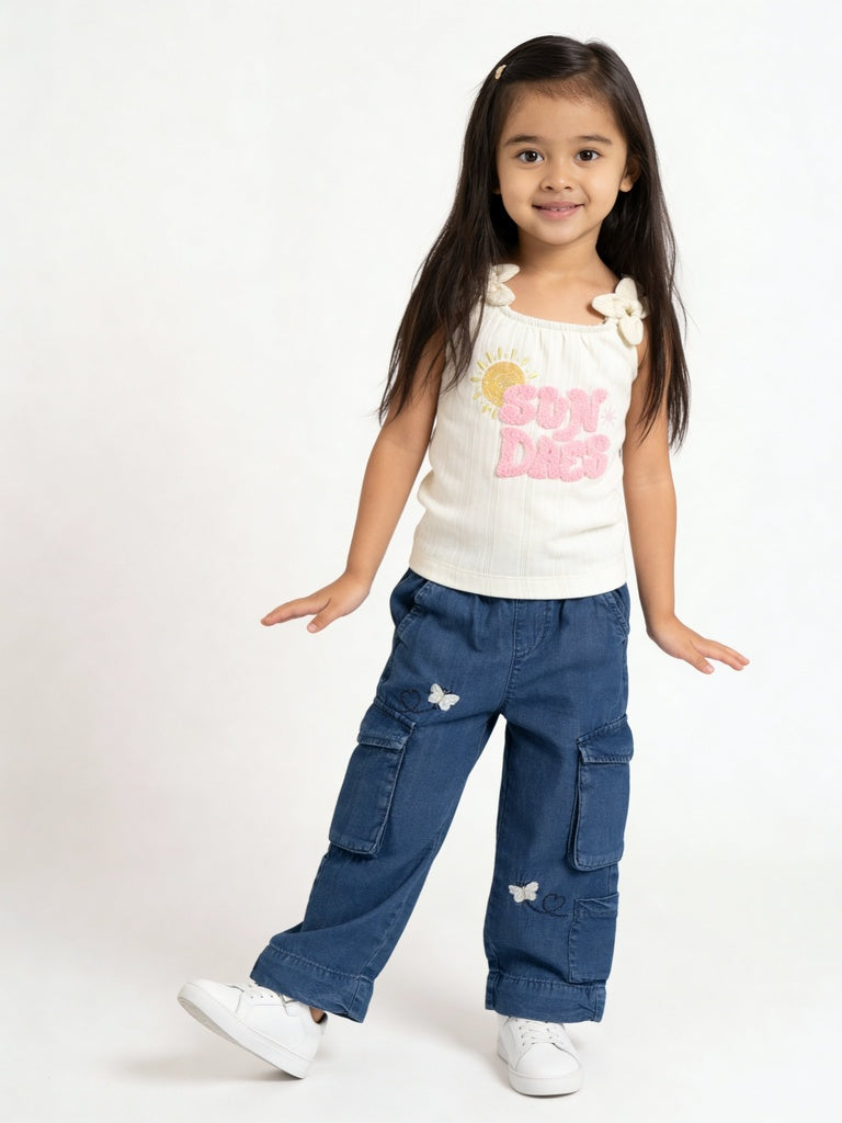 HOP Kids Girls Dark Blue Butterfly Embroidered Cargo Pants
