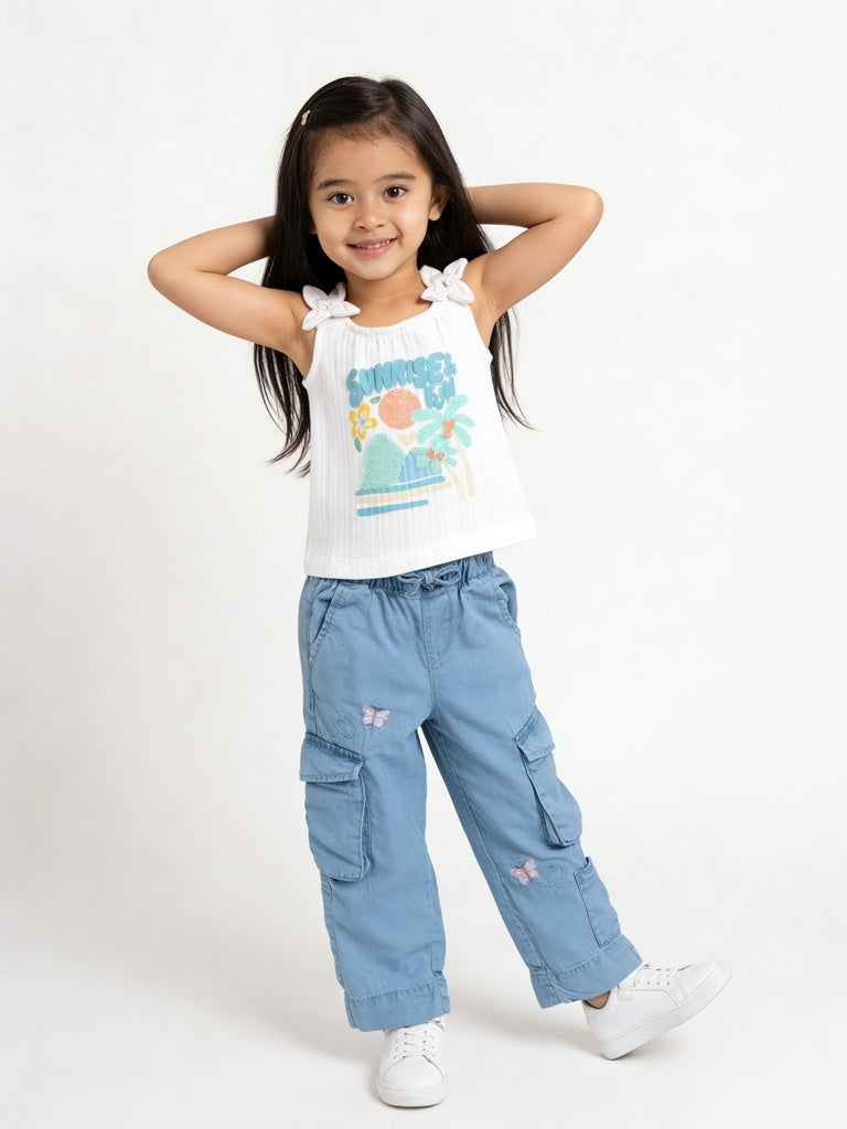 HOP Kids Girls Blue Butterfly Embroidered Cargo Pants