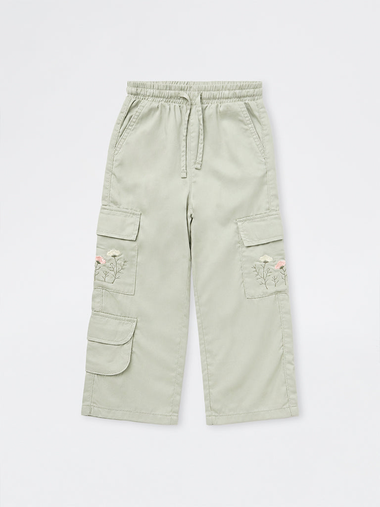 HOP Kids Girls Sage Green Floral Embroidered High-Rise Cargo Pants