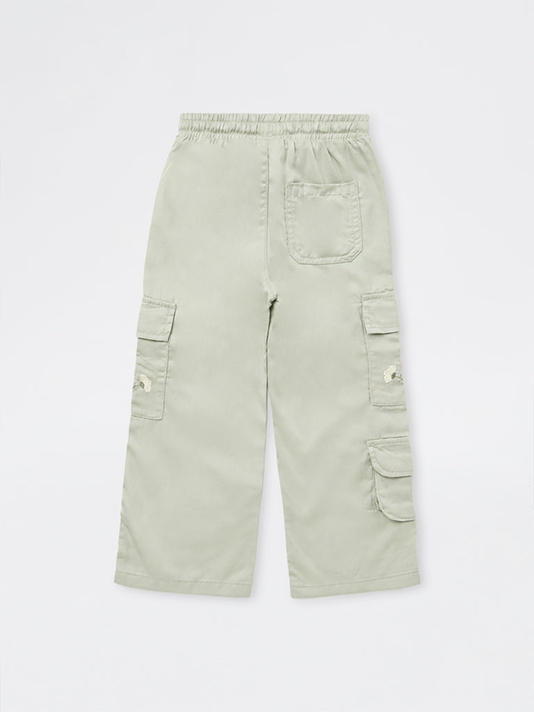 HOP Kids Girls Sage Green Floral Embroidered High-Rise Cargo Pants