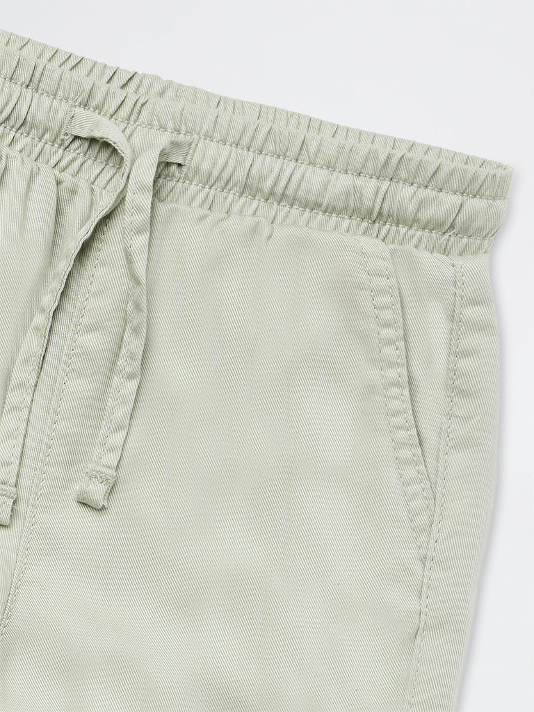 HOP Kids Girls Sage Green Floral Embroidered High-Rise Cargo Pants