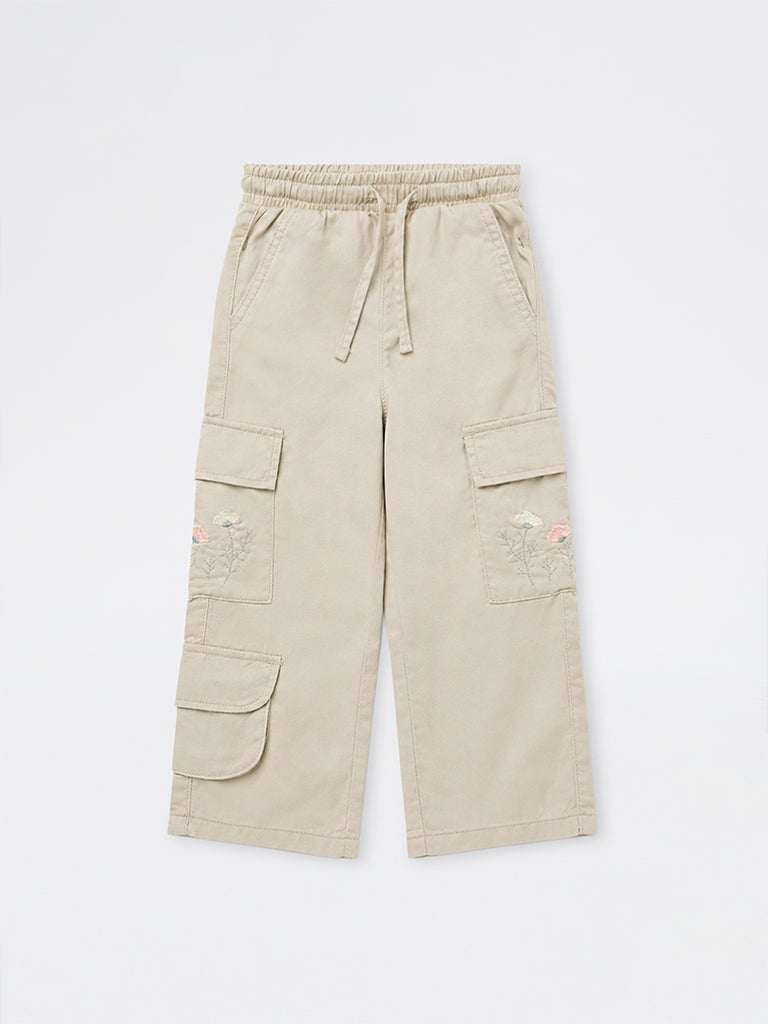 HOP Kids Girls Beige Floral Embroidered High-Rise Cargo Pants