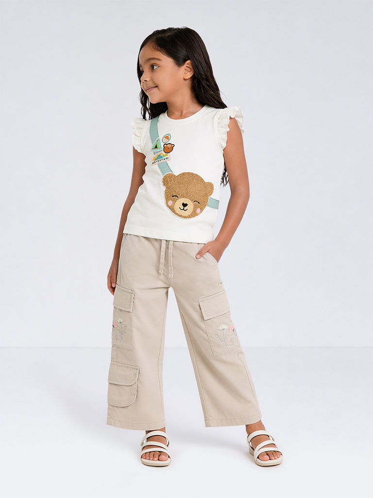 HOP Kids Girls Beige Floral Embroidered High-Rise Cargo Pants
