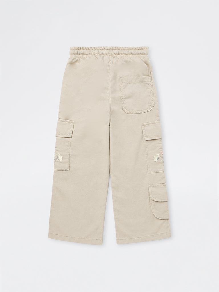 HOP Kids Girls Beige Floral Embroidered High-Rise Cargo Pants