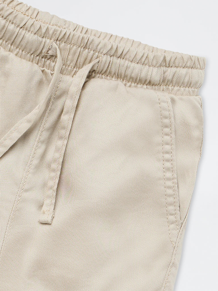 HOP Kids Girls Beige Floral Embroidered High-Rise Cargo Pants