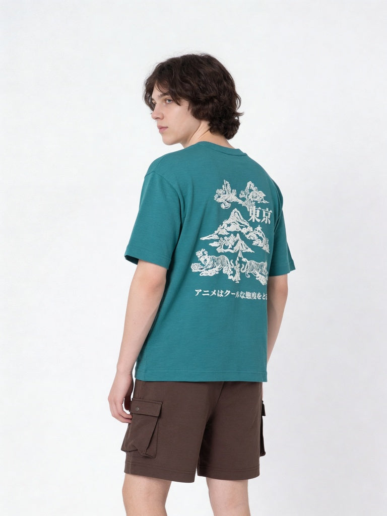 Y&F Kids Boys Green Printed Cotton T-Shirt