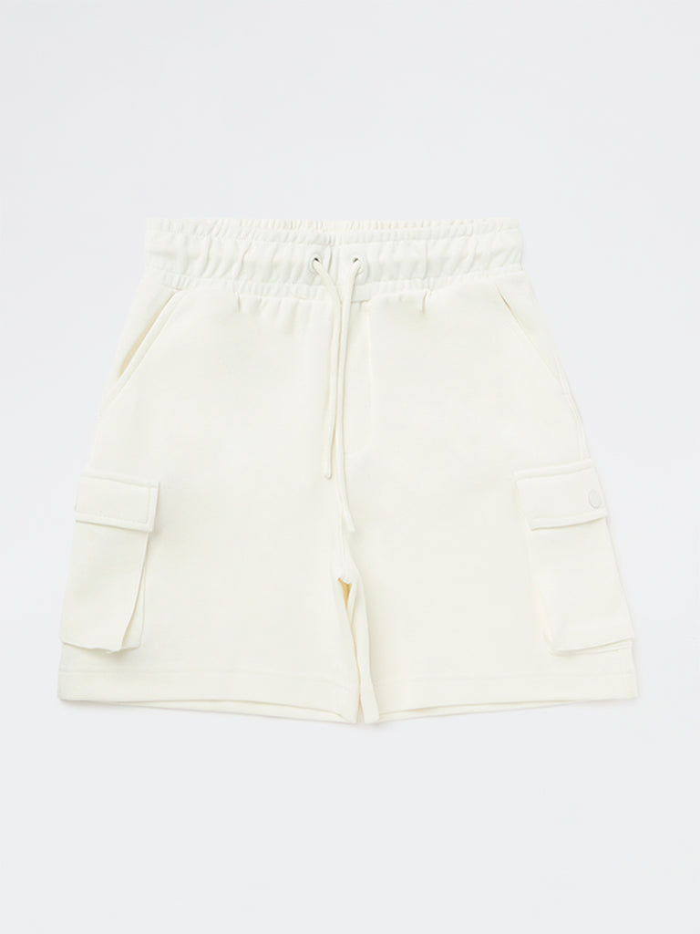 Y&F Kids Boys Off-White Mid-Rise Cotton-Blend Shorts