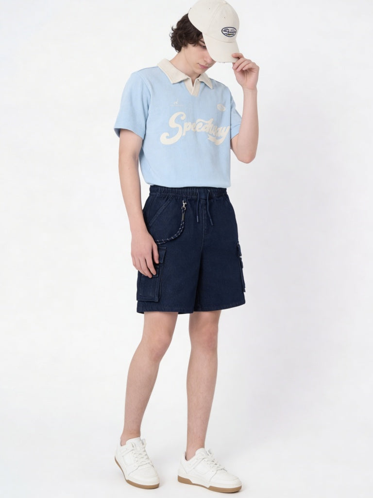 Boys Dark Blue Mid-Rise Denim Chain-detailed Shorts