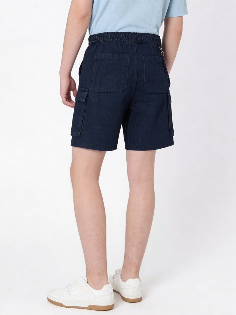 Boys Dark Blue Mid-Rise Denim Chain-detailed Shorts