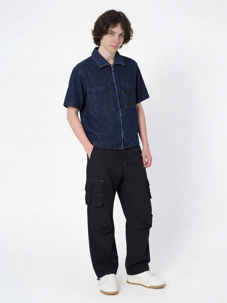 Boys Dark Blue Zip-up Denim Shirt