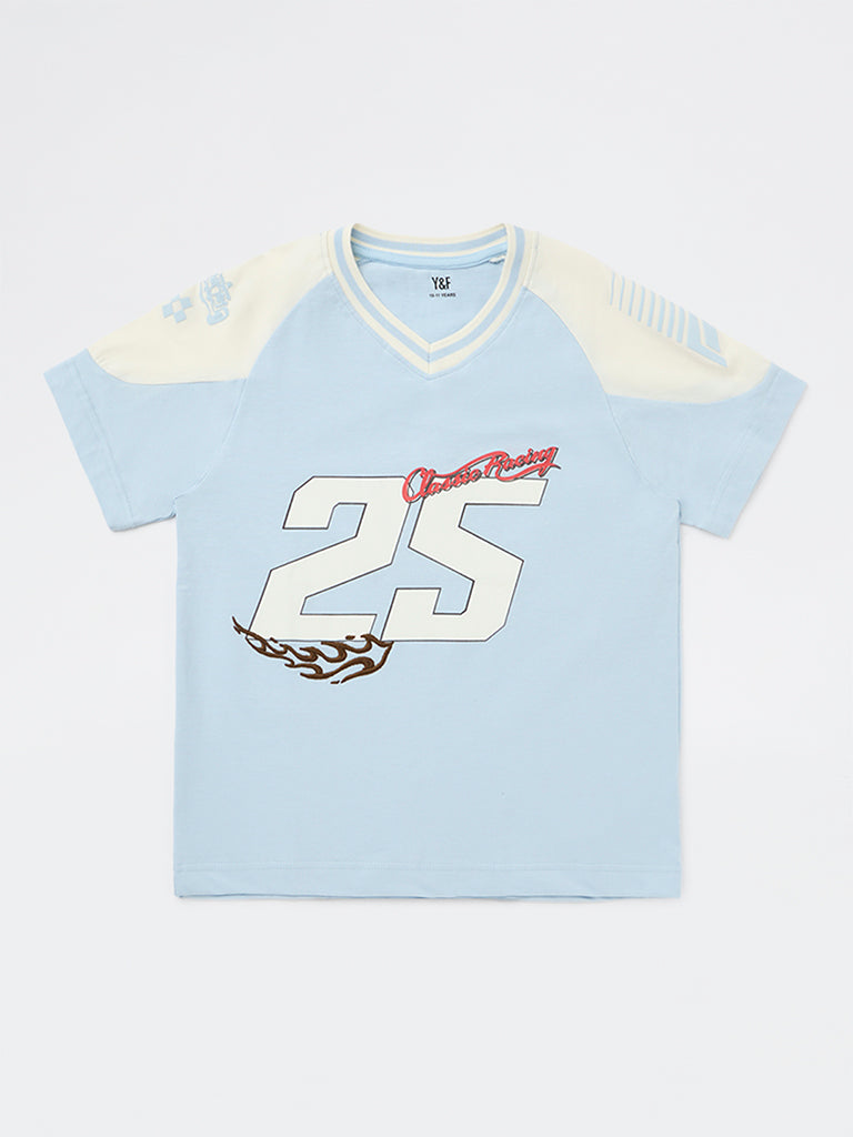Boys Light Blue Numerical Printed Cotton T-Shirt