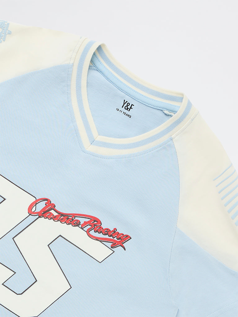 Boys Light Blue Numerical Printed Cotton T-Shirt