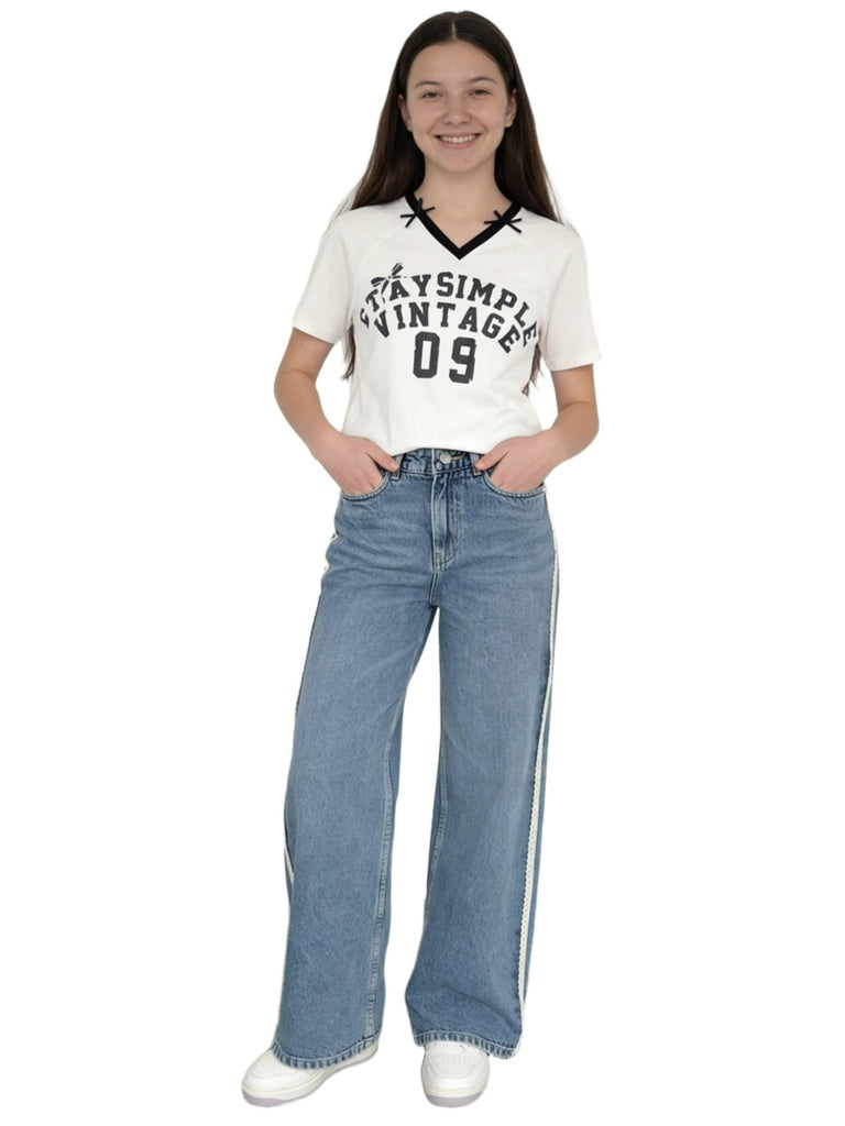 Y&F Kids Girls Blue Lace-Detailed High-Rise Relaxed-Fit Jeans