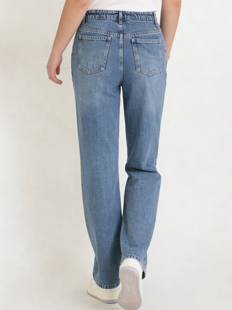 Y&F Kids Girls Blue Lace-Detailed High-Rise Relaxed-Fit Jeans